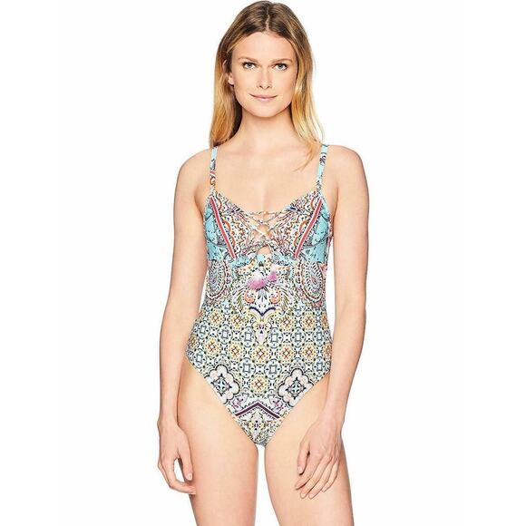 Reaction Kenneth Cole Tassel floral lace up mosiac swimsuit - Picture 1 of 9